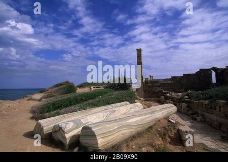 LIBYE, PRÈS DE TRIPOLI, LEPTIS MAGNA, COLONNES Banque D'Images