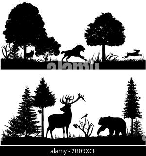 Silhouettes d'animaux sauvages dans l'illustration vectorielle de forêt de sapin vert. Silhouette d'animaux dans la nature, pin d'arbre de bois et animaux Illustration de Vecteur