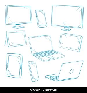 Périphériques numériques Doodle, tablette, pc, ordinateur portable, icônes vectorielles de ligne de téléphone portable. Tablette et ordinateur portable, smartphone pour appareil de gadget, illustration d'un gadget intelligent Illustration de Vecteur