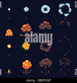 Explosion de la rampe dessinée avec flamme et fumée fx images d'animation sprites collection de vecteurs. Incendie de la rampe avec fumée, illustration de l'éclatement de la rampe Illustration de Vecteur