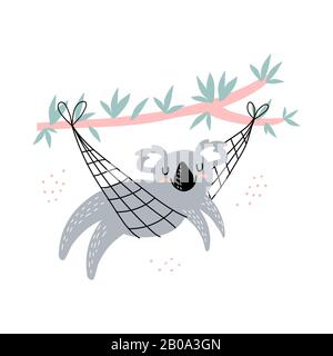 Le koala mignon repose dans un hamac isolé sur blanc. Imprimé pour enfants pour vêtements, cartes, affiches. Illustration vectorielle Illustration de Vecteur