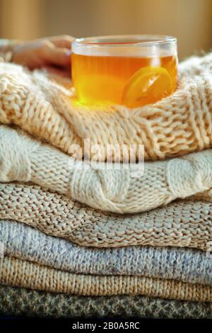 Gros plan sur une femme branchée en sweat blanc et jupe avec tas de chandails et tasse de thé avec citron dans le salon moderne en hiver ensoleillé. Banque D'Images