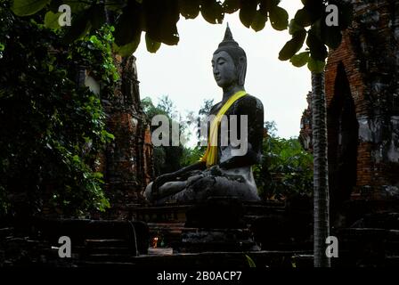 THAÏLANDE, AYUTHAYA, WAT MAHATHE, CONSTRUIT 1384 DANS LE STYLE KHMER, ASSISE STATUE DE BOUDDHA Banque D'Images