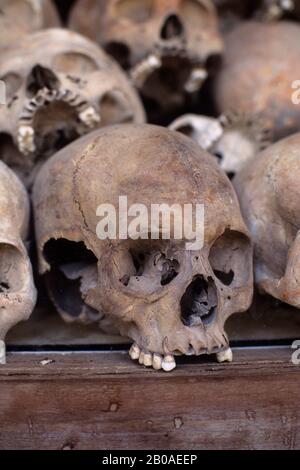 CAMBODGE, PRÈS DE PHNOM PENH, TUANT DES CHAMPS DE CHOOEUNG EK, DES CRÂNES EXPOSÉS À MEMORIAL Banque D'Images