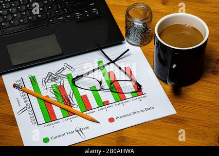 Un espace de travail d'affaires avec un ordinateur portable, une tasse de café, des papiers d'affaires, des lunettes et un crayon sur un bureau en bois avec des trombones dispersés autour. Banque D'Images