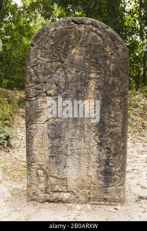 Guatemala, Parc national de Tikal, Templo IV, 741 AD, stèles sculptées en pierre maya; site classé au patrimoine mondial de l'UNESCO Banque D'Images