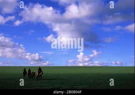 MONGOLIE CENTRALE, PRÈS DE KARAKORUM, PRAIRIES (STEPPES), HOMMES LOCAUX AVEC CHEVAUX Banque D'Images