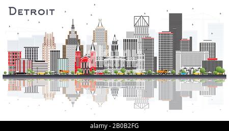 Detroit Michigan City Skyline Avec Bâtiments Gris Et Réflexions Isolées Sur Blanc. Illustration Vectorielle. Concept De Voyages D'Affaires Et De Tourisme. Illustration de Vecteur