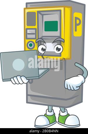 Une icône de mascotte de machine à tickets de parking intelligente fonctionnant avec un ordinateur portable Illustration de Vecteur