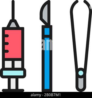 Instruments de chirurgie, scalpel médical, brucelles icône ligne de couleur plate. Illustration de Vecteur