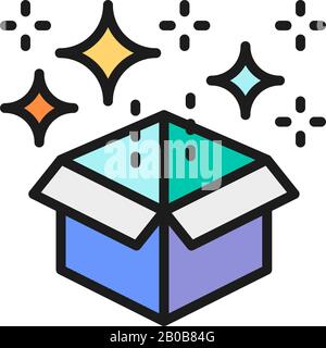 Boîte magique avec confetti, icône de ligne de couleur plate cadeau. Illustration de Vecteur