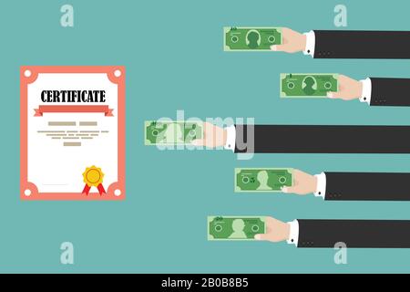 Diplôme d’achat des mains de l’homme. Corruption scolaire. Illustration vectorielle plate Illustration de Vecteur