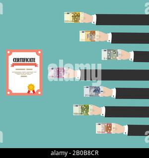 Diplôme d’achat des mains de l’homme. Corruption scolaire. Illustration vectorielle plate Illustration de Vecteur