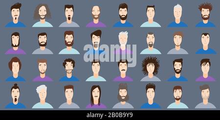 Jeu d'icônes vectorielles à plat pour jeune homme Avatar. Collection de motifs visages pour hommes avec différents styles de coiffure, de barbe, de moustache. Avatars de portrait Illustration de Vecteur