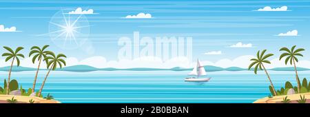 Paysage tropical côtier panoramique avec palmiers et bateau. Illustrations vectorielles de dessins animés avec calques séparés. Illustration de Vecteur
