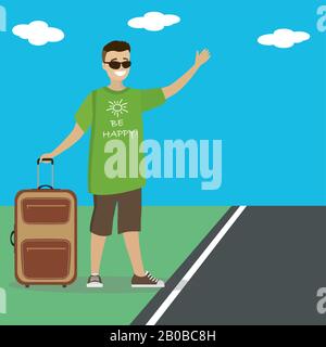 Homme caucasien avec une valise de randonnée sur le bord de la route.le mâle happy de Cartoon attrape une voiture de taxi en se lasant la main. Illustration vectorielle. Illustration de Vecteur