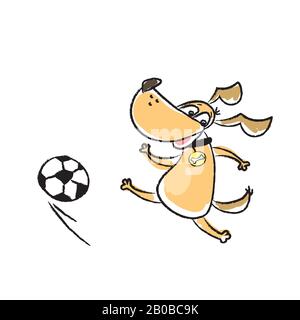 Mignon drôle chien joue au football, animaux de compagnie et balle isolés sur fond blanc, illustration vectorielle Illustration de Vecteur