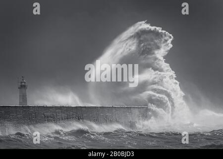 Newhaven, East Sussex. Le temps britannique comme Storm Ciara offre des vagues massives et de fortes pluies qui ont frappé l'Angleterre le 10 février 2020. Banque D'Images