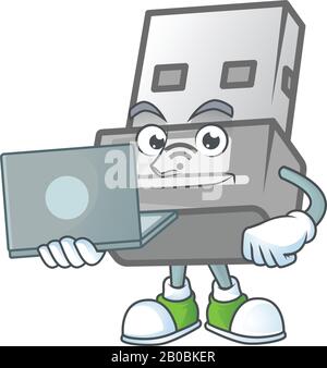 Une icône intelligente de mascotte d'adaptateur sans fil USB fonctionnant avec un ordinateur portable Illustration de Vecteur