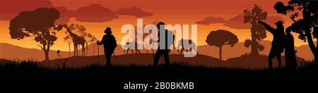 Magnifique coucher de soleil dans le paysage de savane avec des animaux sauvages et des voyageurs silhouette, illustration vectorielle Illustration de Vecteur