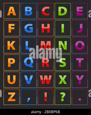 Lettre Alphabet, de couleur orange, bleu, rouge, vert, violet. Chaque lettre est dans le cadre Illustration de Vecteur