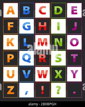 Lettre Alphabet, de couleur orange, bleu, rouge, vert, violet. Chaque lettre est dans le cadre Illustration de Vecteur