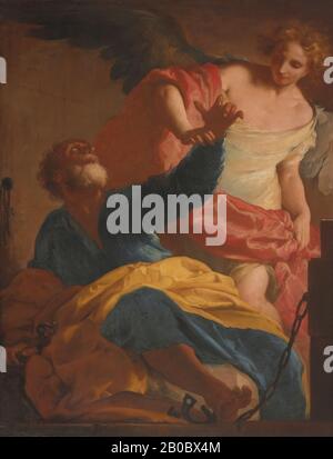 Ludovico Dorigny, Saint-Pierre Livré de la prison par un Ange, CA. 1720, huile sur toile, 58 po. x 44 po. (147,3 cm. X 111,8 cm.), long attribué à l'artiste italien du nord Antonio Balestra, cette œuvre a été récemment identifiée comme une peinture par Ludovico Dorigny, un Français d'une famille d'artistes parisiens distingué qui était actif à Venise et Vérone. En tant que jeune homme, Dorigny a produit des œuvres pour le roi Louis XIV et pour le cardinal Richelieu. En Italie, il était aussi un peintre décoratif recherché. Les actes des Apôtres relatent l'histoire de l'emprisonnement de Pierre par Hérode, qui à l'époque persécute Banque D'Images