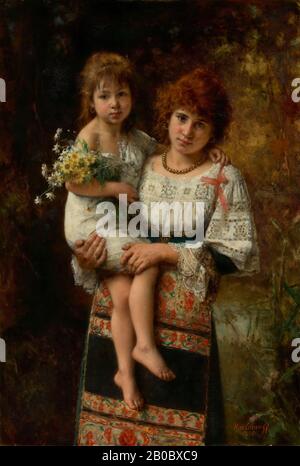 Aleksei Alekseevich Kharlamov, jeune femme et enfant, 1894, huile sur toile, 54 1/8 po. X 36 15/16 po. (137,5 cm. X 93,8 cm.), Né dans une famille de serfs russes, Aleksei Alekseevich Kharlamov étudie avec le peintre d'histoire Aleksei T. Markov à l'Académie impériale des Arts de Saint-Pétersbourg à partir de 1856 et avec Leon Bonnat à Paris à l'École des Beaux-Arts au début des années 1870. Bien que largement connu pour ses portraits officiels de sitters comme Ivan Turgenev, Tsar Alexander II et Sergei Tretiakov, Kharlamov est le mieux rappelé pour ses portraits informels de filles et de jeunes femmes dont b Banque D'Images