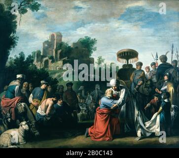 Claes Cornelisz. Moeyaert, la rencontre de Jacob et Joseph en Egypte, 1636, huile sur toile, 54 po. X 64 3/4 po. (137,2 cm. X 164,5 cm.), un artiste catholique romain d'Amsterdam, Moeyaert a souvent peint des recréations historiques de sujets bibliques et fait partie d'un groupe de peintres néerlandais aujourd'hui connu sous le nom de pré-Rembrandtistes. Les scènes de l'ancien Testament étaient populaires à Amsterdam parce qu'elles comprenaient des tests de vertu et de foi, en particulier autour du thème de la famille. Dans le livre de la Genèse, Joseph était le fils favori du patriarche Jacob. Vendu par ses frères en esclavage, Joseph finit par ro Banque D'Images