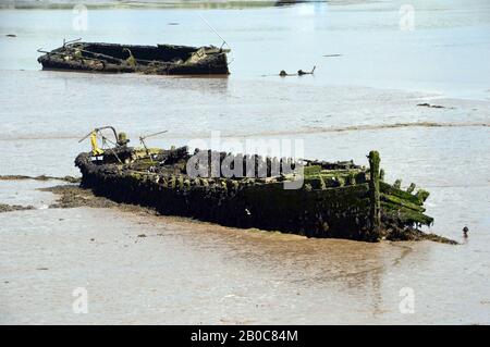 Deux Anciennes Coques Rotten d'un bateau en bois Wreck dans le Mud sur l'estuaire de la rivière Torridge près d'Appledore sur le sentier de la côte sud-ouest, North Devon. Banque D'Images