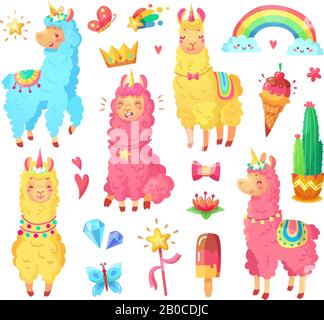 Alpaga mexicain drôle souriant avec de la laine douce et mignon licorne de lama arc-en-ciel. Jeu d'illustrations de dessins animés d'animaux magiques Illustration de Vecteur