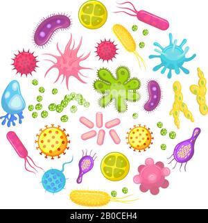 Micro-organismes, bactéries, cellules virales, bactéries pathogènes et cellules de champignons. Micro-organisme, maladies et virus icônes vectorielles de dessins animés Illustration de Vecteur