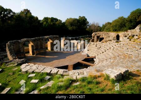 ALBANIE, PRÈS DE SARANDA, PARC NATIONAL DE BUTRINT, THÉÂTRE, 3ÈME SIÈCLE AVANT J.-C. Banque D'Images