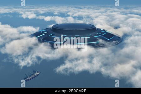 Un OVNI qui a stagé UN Freighter Dehors En mer Banque D'Images