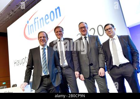 V.li:Dr Reinhard Ploss (Président de la direction), Jochen Hanebeck (membre de la direction et Directeur des opérations), Helmut Gassel (membre de la direction et du directeur marketing), Sven Schneider (CFO) INFINEON Technologies AG, Assemblée générale annuelle le 20 février 2020 à l'ICM de Munich. | utilisation dans le monde entier Banque D'Images