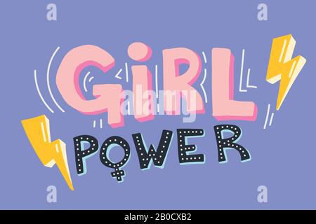 La puissance des filles. Rose Girl Power text sur fond mauve avec la foudre jaune et le signe féminin de sexe. Vecteur dessiné À La Main élégant. Féminisme, diversité an Illustration de Vecteur