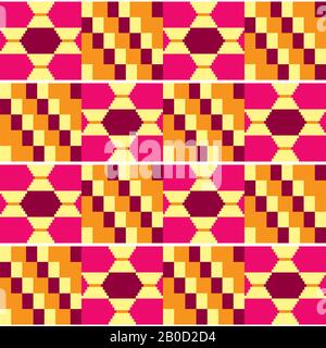 Style toile de boue Kente tribal vecteur textile sans couture modèle, modèle traditionnel africain de nwentoma géométrique du Ghana en jaune, rose et brun Illustration de Vecteur