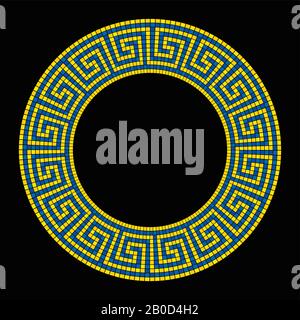 Mosaïque de méandre en forme de cercle, cadre en jaune et bleu. Cadre avec motif serpené sans coutures. Construit à partir de petits carrés. Banque D'Images
