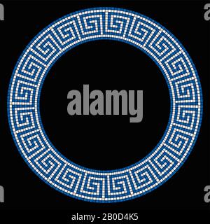 Mosaïque de méandre en forme de cercle, cadre en bleu et blanc. Cadre avec motif serpené sans coutures. Construit à partir de petits carrés. Banque D'Images
