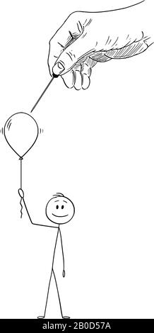 Dessin de dessin de dessin de dessin de dessin de dessin conceptuel de l'homme heureux ou de l'homme d'affaires tenant le ballon de partie gonflable ou l'hélium boule d'air, alors que la grande main de dieu ou de fortune ou de destin la romande. Illustration de Vecteur