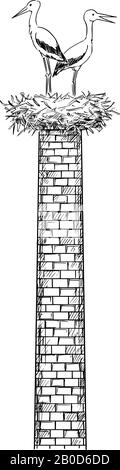 Dessin vectoriel illustration conceptuelle de deux cigognes blancs qui se tiennent dans le nid sur une vieille usine de fumée ou de cheminée. Illustration de Vecteur