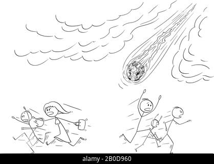 Dessin de dessin de dessin de dessin de dessin de dessin de dessin conceptuel de groupe de personnes ou de foule s'éloignant de panique de tomber astéroïde crashing à la terre ou météorite. Illustration de Vecteur