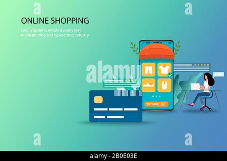 Concept d'affaires des achats en ligne, une femme recherche sur son ordinateur portable pour trouver un nouveau T-shirt et s'asseoir près d'une grande carte de crédit et smartphone. Illustration de Vecteur