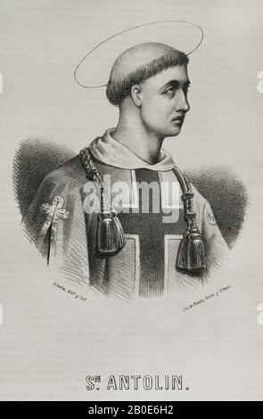 Saint Antoninus De Pamiers. Missionnaire chrétien précoce et martyr. Saint patron des villes de Pamiers (France), Palencia et Medina del Campo (Espagne). Portrait. Illustration de Llanta. Lithographie. Cronica Général De España. Historia Ilustrada y Descriptiva de sus Provincias. Asturies et Leon, 1867. Banque D'Images