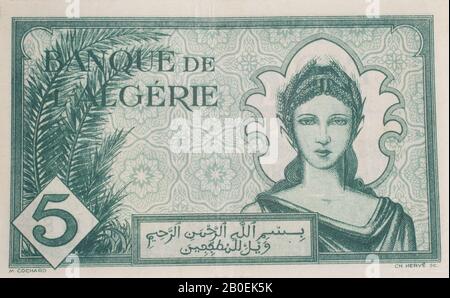 Une ancienne note de banque de l'Algérie - 5 Francs 1942 Banque D'Images