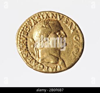 VZ: Chef de Vespasianus nr, avec couronne de laurier, IMP CÉSAR VESPASIANUS AUG TR P, Kz: Tite &amp; Domitianus sedes curulis assis, TITUS et DOMITIAN CAESARES PRIN, pièce, aureus, Vespasien, métal, or , Diam. 19 mm, poids 7.15 gr, Roman 70-71, Pays-Bas, Limbourg, inconnu, inconnu Banque D'Images