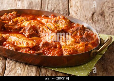 Khoresh bademjan, aubergine persane, ragoût de viande et de tomate braisé avec des épices dans une poêle sur la table. Horizontal Banque D'Images