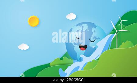 Concept d'arrière-plan de la journée mondiale de la terre. Le globe heureux sur l'eau tombe dans la nature dans le style de coupe de papier. Illustration vectorielle. Papier d'artisanat numérique. Papier peint Illustration de Vecteur