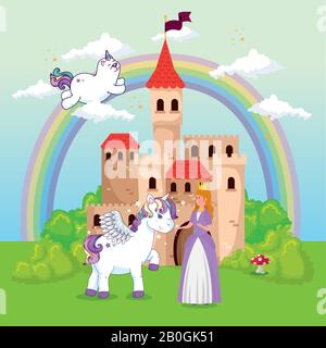 mignons unicornes avec princesse dans un paysage fantastique Illustration de Vecteur