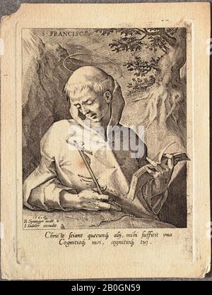 Jan Sadeler I, Flamand, 1550–1600, Après Bartholomaeus Springer, (Flamand, 1546–1611), Saint Francis, 1580, Gravure sur papier mis en papier, image : 4 3/4 x 3 7/8 in. (12,1 x 9,8 cm Banque D'Images